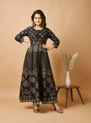 KAAJH Black Gold Printed Cotton Anarkali Kurta 2