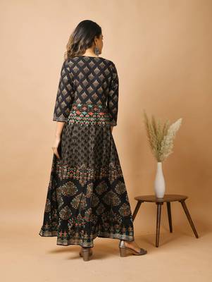KAAJH Black Gold Printed Cotton Anarkali Kurta 3