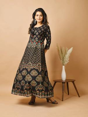 KAAJH Black Gold Printed Cotton Anarkali Kurta 4