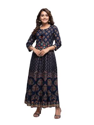 KAAJH Blue Gold Printed Cotton Anarkali Kurta 1
