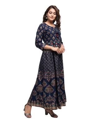 KAAJH Blue Gold Printed Cotton Anarkali Kurta 2