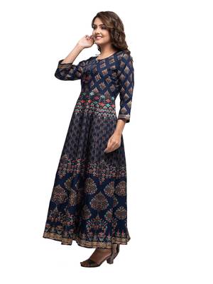 KAAJH Blue Gold Printed Cotton Anarkali Kurta 3