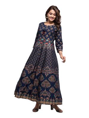 KAAJH Blue Gold Printed Cotton Anarkali Kurta 4