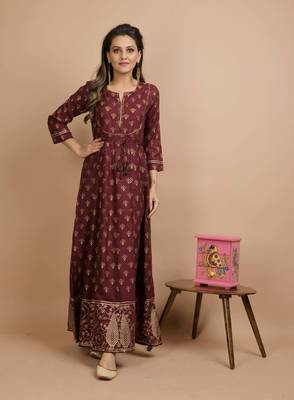 KAAJH Brown Gold Printed Cotton Anarkali Kurta 1
