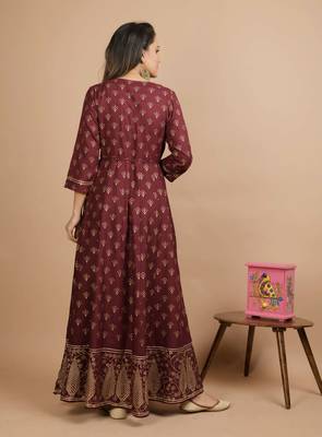 KAAJH Brown Gold Printed Cotton Anarkali Kurta 2