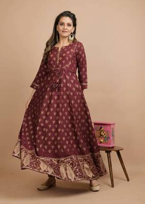 KAAJH Brown Gold Printed Cotton Anarkali Kurta 3