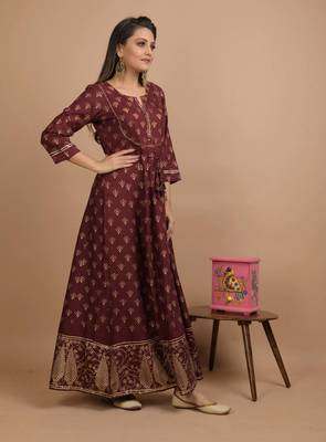 KAAJH Brown Gold Printed Cotton Anarkali Kurta 4