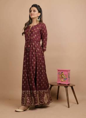 KAAJH Brown Gold Printed Cotton Anarkali Kurta 5
