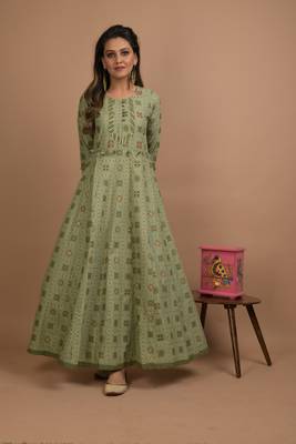 Green printed cotton long-kurtis 1