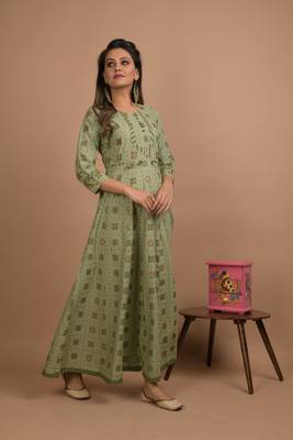 Green printed cotton long-kurtis 3