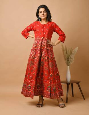 KAAJH Red Gold Printed Cotton Anarkali Kurta 1
