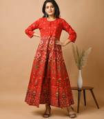 KAAJH Red Gold Printed Cotton Anarkali Kurta