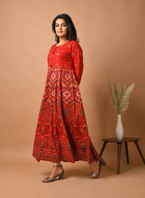 KAAJH Red Gold Printed Cotton Anarkali Kurta 2