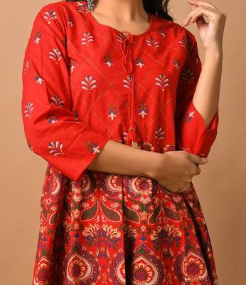 KAAJH Red Gold Printed Cotton Anarkali Kurta 3