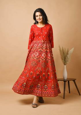 KAAJH Red Gold Printed Cotton Anarkali Kurta 4