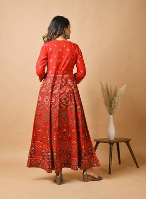 KAAJH Red Gold Printed Cotton Anarkali Kurta 5