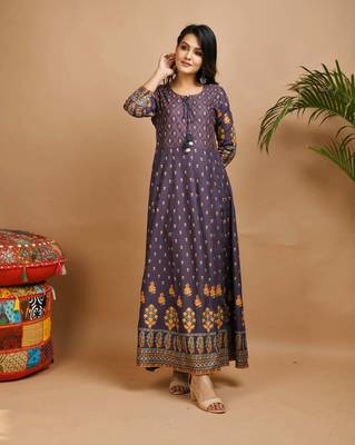 KAAJH Grey Gold Printed Rayon Anarkali Kurta 3