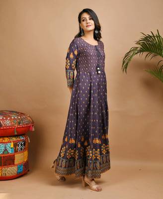 KAAJH Grey Gold Printed Rayon Anarkali Kurta 4