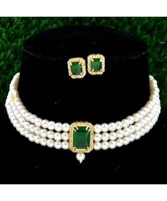 Green Stone Pendant Pearl Choker Earrings Set 1