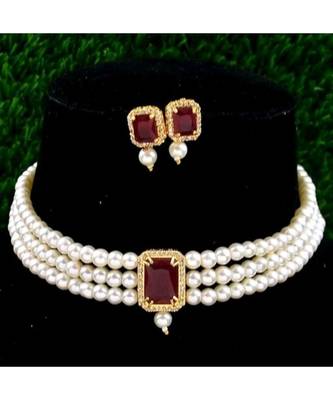 Red Stone Pendant Pearl Choker Earrings Set 1