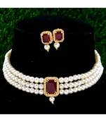 Red Stone Pendant Pearl Choker Earrings Set