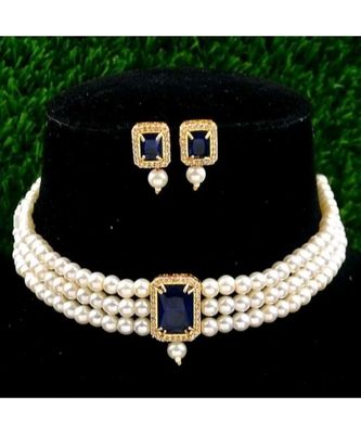 BLUE STONE PENDANT PEARL CHOKER 