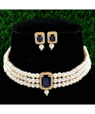 Blue Stone Pendant Pearl Choker Earrings Set 1