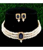 Blue Stone Pendant Pearl Choker Earrings Set