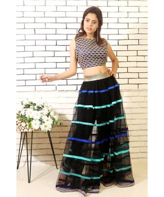 black net skirt with silk hand made ribbons and embroidered blouse with black slacks 1