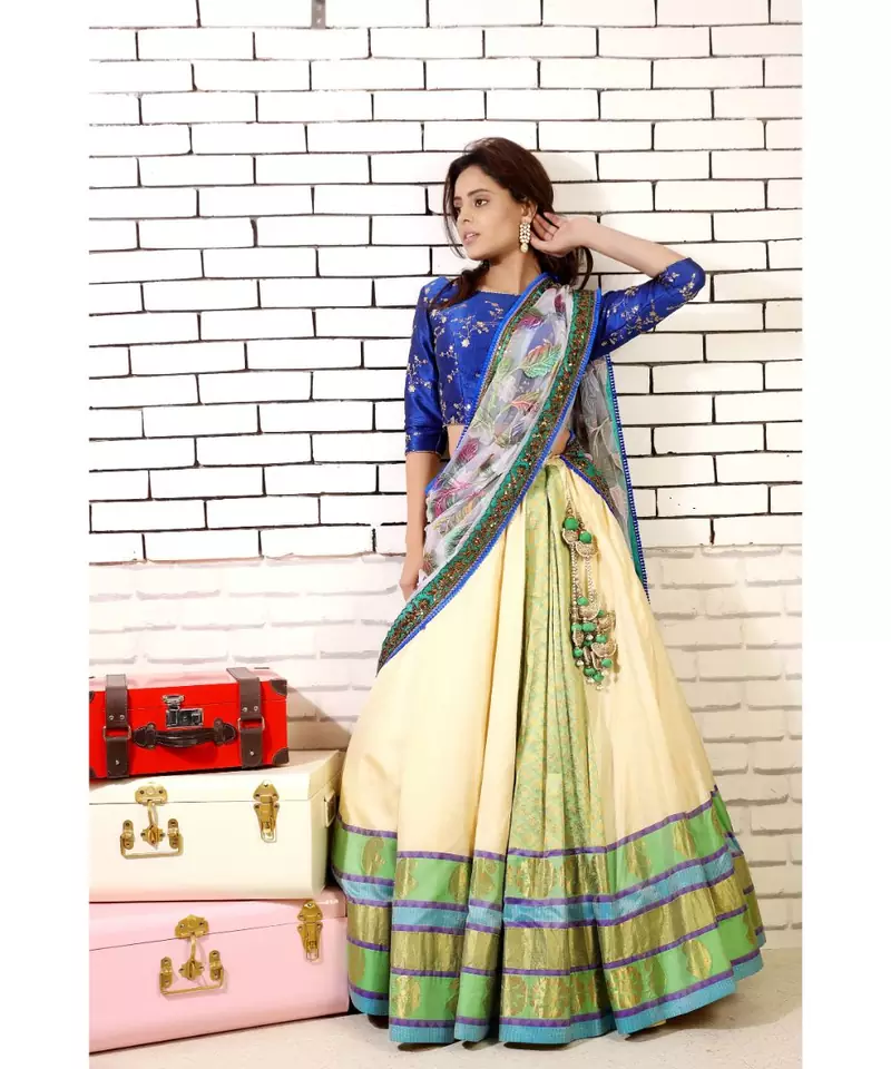 white kanjivaram silk lehenga with embroidered blouse and embossed dupatta and cancan