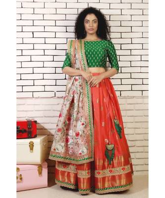 coral red south silk lehenga with embroidered blouse and organza dupatta with borders and cancan 1