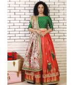 coral red south silk lehenga with embroidered blouse and organza dupatta with borders and cancan