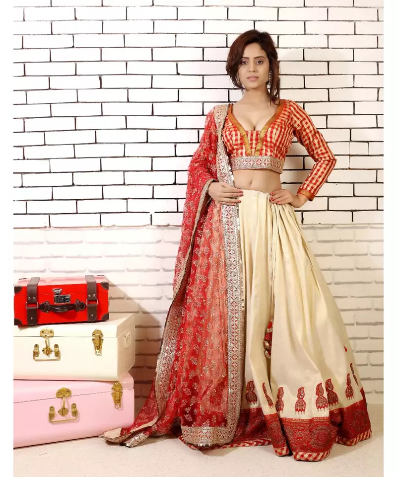 Lehenga with Zardozi Embroidered Jhumki and Embroidered net Dupatta with Red and Chanderi Blouse and cancan