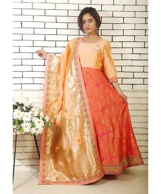 peach banarasi silk anarkali with hand zardozi work on yoke and banarsi dupatta 1