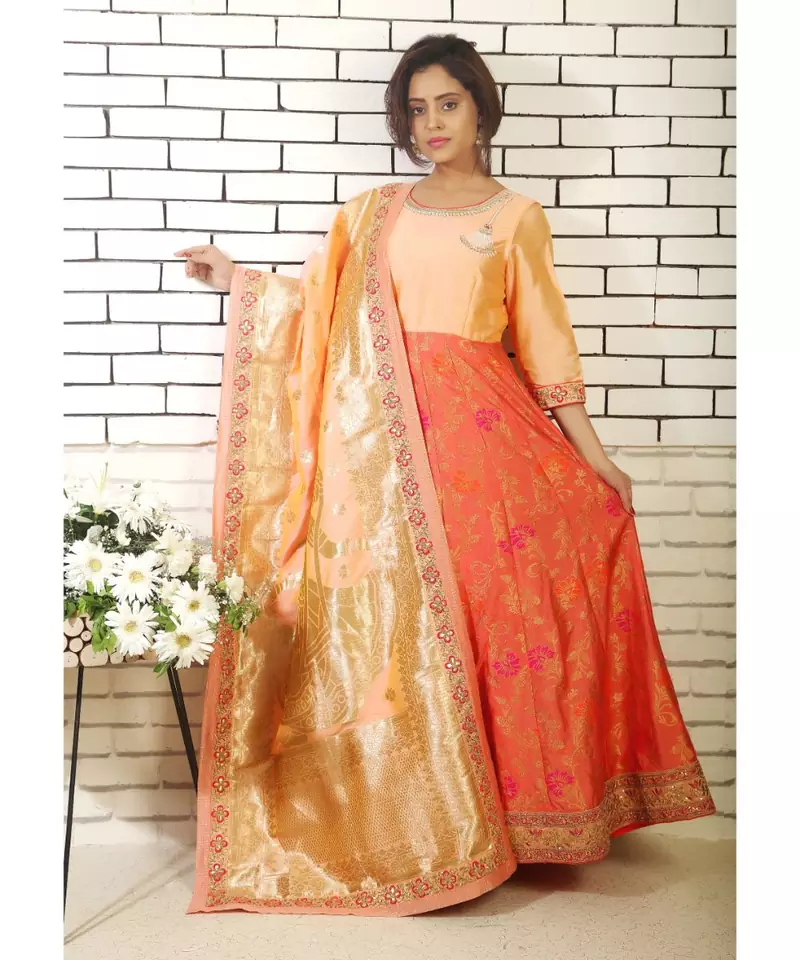 peach banarasi silk anarkali with hand zardozi work on yoke and banarsi dupatta