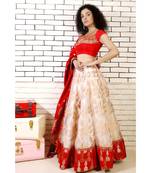 Red lehenga with jhumki border, embroidered red choli, georgette red dupatta, and cancan