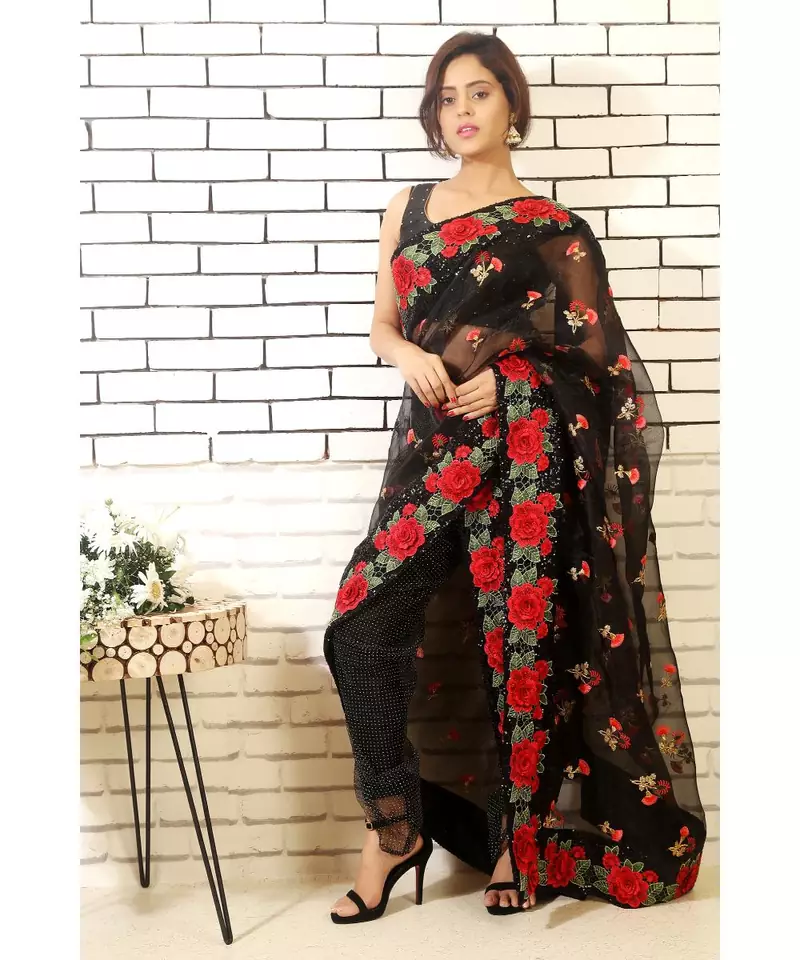 black sheer dhoti with slacks and black embroidered drape with blouse piece