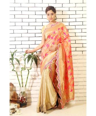 gold pre pleated Wrap with Floral banarasi Drape with gota border and Blouse piece 1