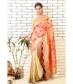 gold pre pleated Wrap with Floral banarasi Drape with gota border and Blouse piece