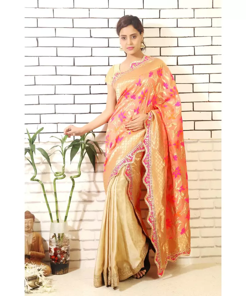 gold pre pleated Wrap with Floral banarasi Drape with gota border and Blouse piece