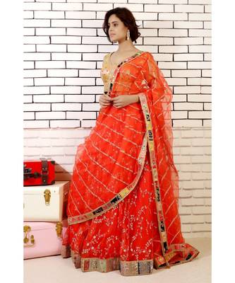 coral embroidered organza lehenga with embroiderred dupatta with zardozi border and banarasi blouse and cancan 1