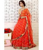 coral embroidered organza lehenga with embroiderred dupatta with zardozi border and banarasi blouse and cancan