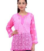 Lavangi Women Lucknowi Chikankari Georgette Short Top (Pink)
