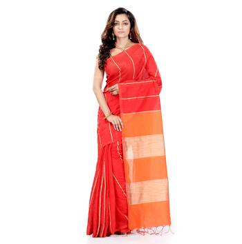 Orange hand woven cotton silk saree with blouse 1