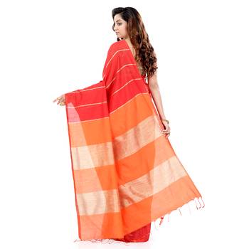 Orange hand woven cotton silk saree with blouse 2