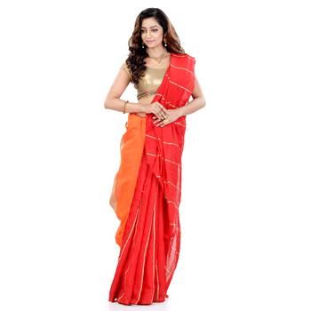 Orange hand woven cotton silk saree with blouse 3