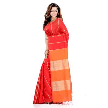 Orange hand woven cotton silk saree with blouse 5