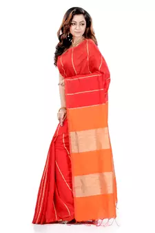 Orange hand woven cotton silk saree with blouse