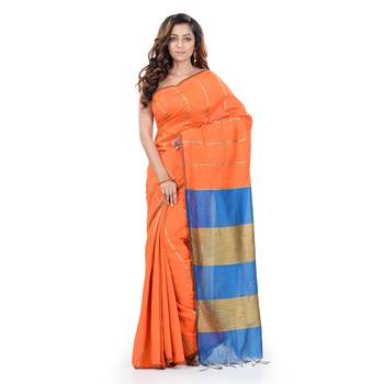 Orange hand woven cotton silk saree with blouse 1