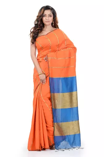 Orange hand woven cotton silk saree with blouse
